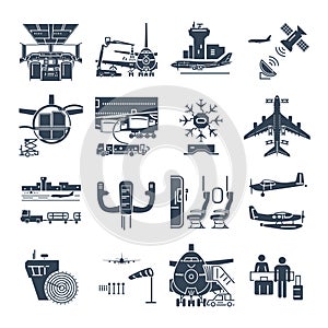 Set of black icons airport and airplane, control tower