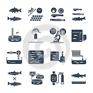 Set of black icons aquaculture production, fish farming photo