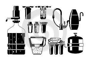 Set Of Black Icons, Efficient Water Filters For Clean And Safe Drinking Water. Removes Impurities, Contaminants