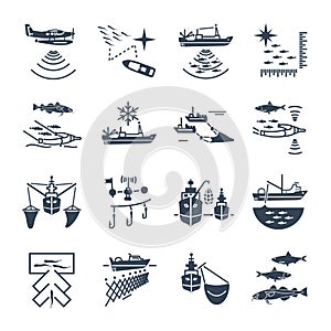 Set of black icons fishing process
