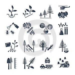 Set of black icons forestry and silviculture production