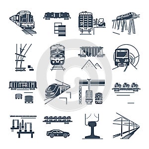 Set of black icons freight and passenger rail transport, train