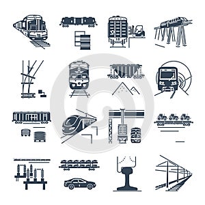 Set of black icons freight and passenger rail transport, train photo