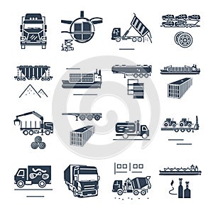 Set of black icons freight transport process, goods and cargo