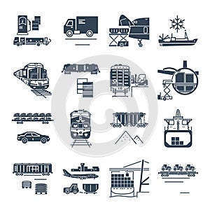 Set of black icons freight transport process, ship, train, air