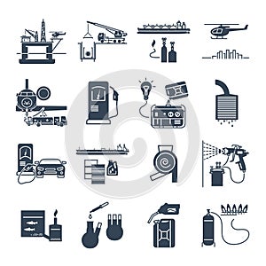 Set of black icons fuel, gas, oil transport, production