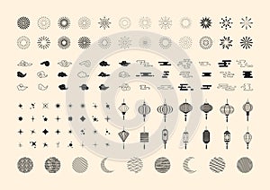 Set of black icons with Full and crescent moon, lanterns, clouds, star sparkle, fireworks.Chinese and Japanese patterns.Design.