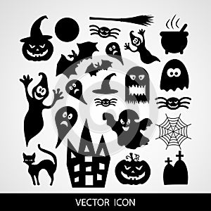 Set of black icons for Halloween on a gray background