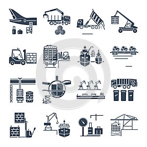 Set of black icons loading and unloading of goods, storage