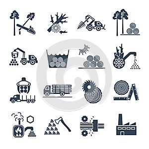 Set of black icons logging and forestry production