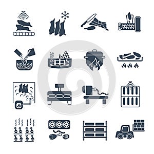 Set of black icons manufacture of meat products production