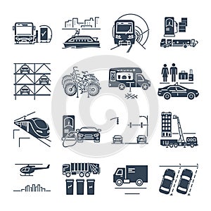 Set of black icons municipal transport, public utility