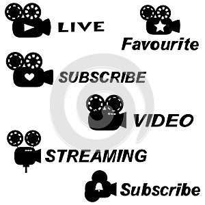 Set of black icons of old camer - symbols of online streaming, live video, subscribe and favourite for blog photo