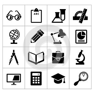 Set black icons of school and education