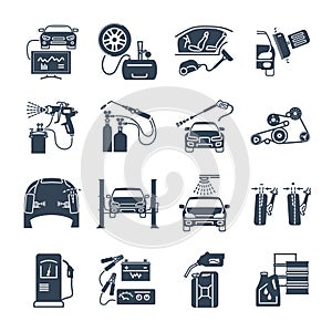 Set of black icons servicing, maintenance, repair car and aut