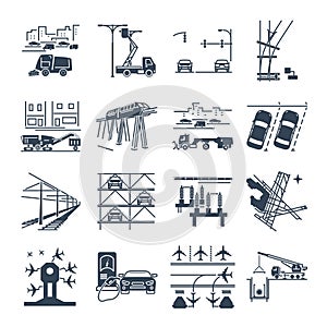 Set of black icons transport infrastructure, road, air