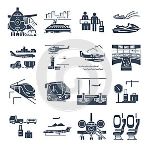 Set of black icons travel, tourism, transport, air