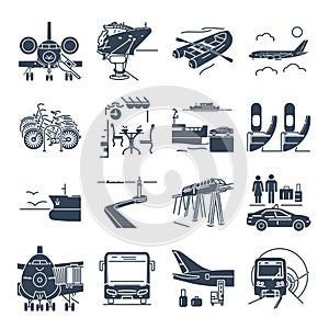 Set of black icons travel, tourism, transport, bus