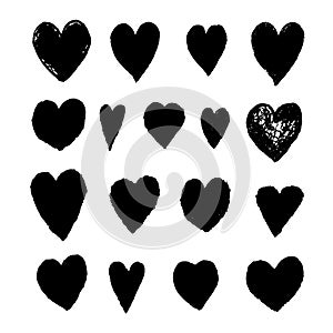 Set with black illustrations of heart shape drawn with chalk pastels isolated on white background.