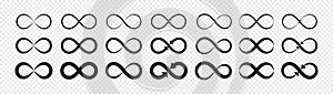 Set of black infinity symbols and signs silhouettes. Isolated on transparent background.