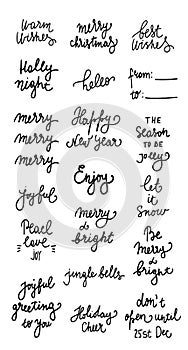 Set of 19 black ink christmas and happy new year celebration holidays hand lettering quotes to greeting card, banner, poster,