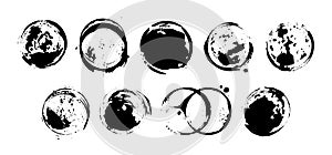 Set of black ink grunge texture circle blots. Brush strokes paint frames collection. Vector