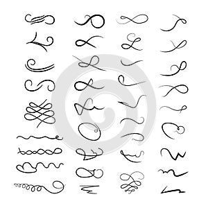 Set of black ink hand drawn flourishes design elements on white background. Victorian ornate page, decor calligraphy