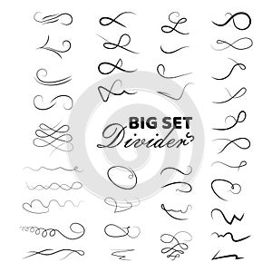 Set of black ink hand drawn flourishes design elements on white background. Victorian ornate page decor ornaments, curls