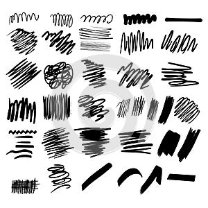 Collection of black ink hand drawn lines, ink, brushes, strokes