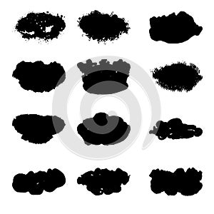 Set of black ink splatter, paint splash brush stroke grunge abstract spot vector set.