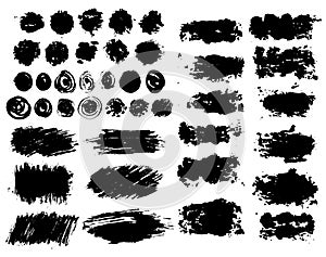 Set of black ink stains, grunge vector brush strokes and circles, black textured backgrounds