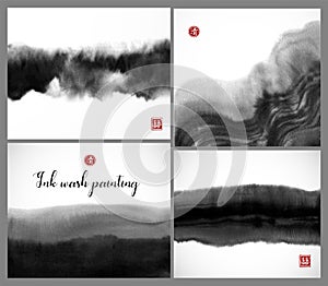 Set of black ink wash painting textures on white background. Vector illustration. Contains hieroglyphs - double luck