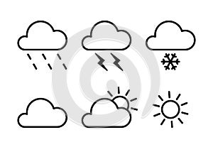 Set of black isolated outline icons of weather on white background. Line icons of meteorological symbols. Flat design. Sun, snow,