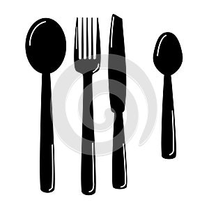 Set of black knife, fork, spoon, flat design