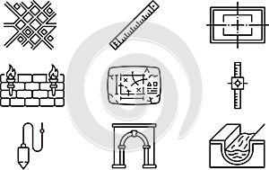 Set of black line icons for construction engineering and architectural design elements