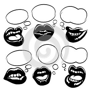 Set of black lips with bubble speech