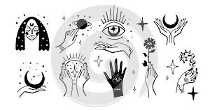 Set of black magic stickers, boho design elements, tattoo, alchemical symbols, esotericism and witchcraft. Linear vector