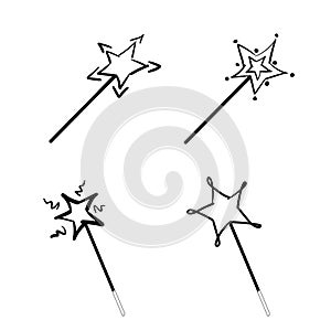 Set of black magic wands with stars icon vector, magic stick logo, fairy tale sign, miracle symbol