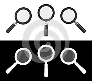 Set of black magnifying glass. Transparent loupe search icon for finding, reading, research, analysis concept. 3d rendering