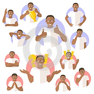 Set of black man emotional expressions, flat design icons