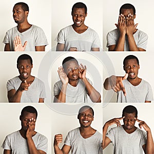 Set of black man`s portraits with different emotions