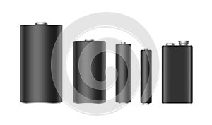 Set of Black Matt Alkaline Batteries Of Diffrent size AAA, AA, C, D, PP3 for branding Close up