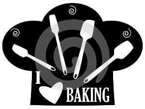Set of Black Mixing Utensils Silhouette with Clipping Path I Love Baking Chef Hat and Heart