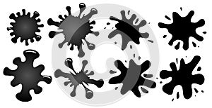 Set of black oil stains with highlights and drops. Flat ink splash. The object is separate from the background. Vector element photo