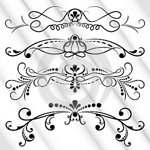 Set of black ornate page decor elements banners, frames, dividers, ornaments and patterns. Modern vintage collection