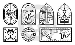 Set of black outline church windows, different shapes, vector illustration