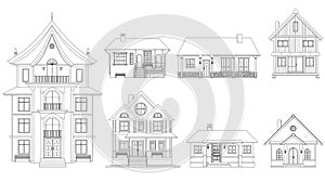 Set of black outlines of mansions and private houses isolated on white background. One-story houses and with several floors.