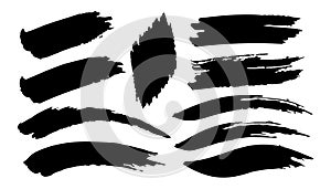 Set of black paint, brush stroke. Dirty artistic design element on white background. Vector illustration.
