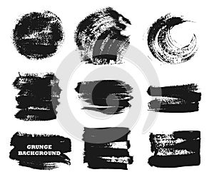 Set of black paint, ink brush strokes, brushes, lines,circles. Dirty artistic design elements, boxes, frames for text.