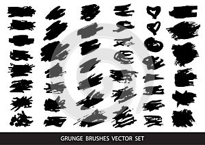 Set of black paint, ink brush strokes, brushes, lines. Dirty artistic design elements, boxes, frames for text. Vector illustration